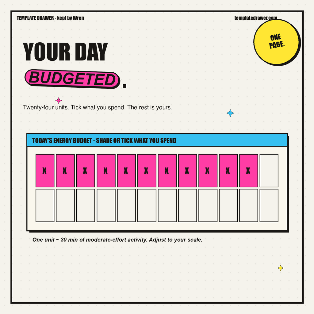 Daily energy envelope grid - 24 squares, tick what you spend