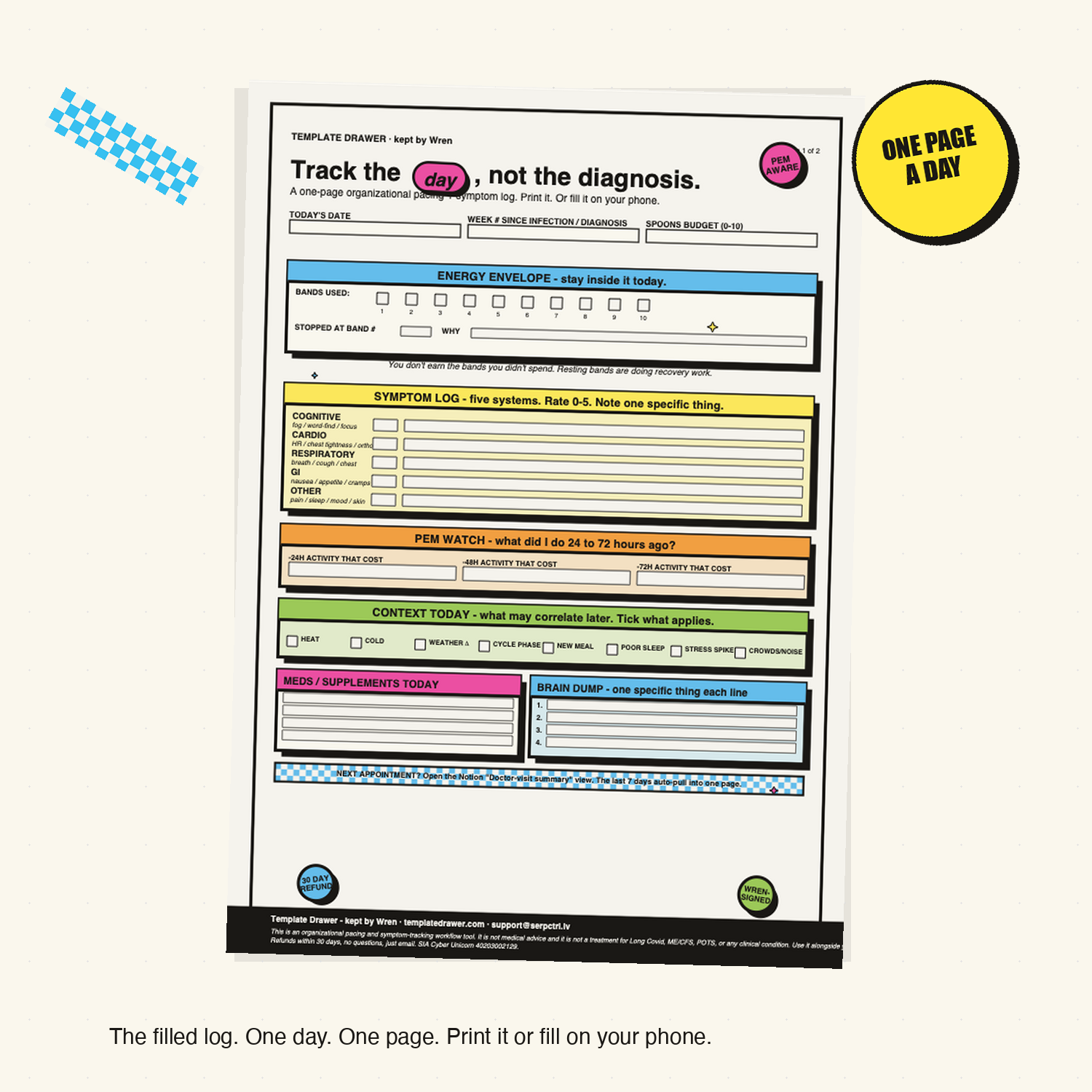 Filled pacing log - one page per day, print or fill on phone